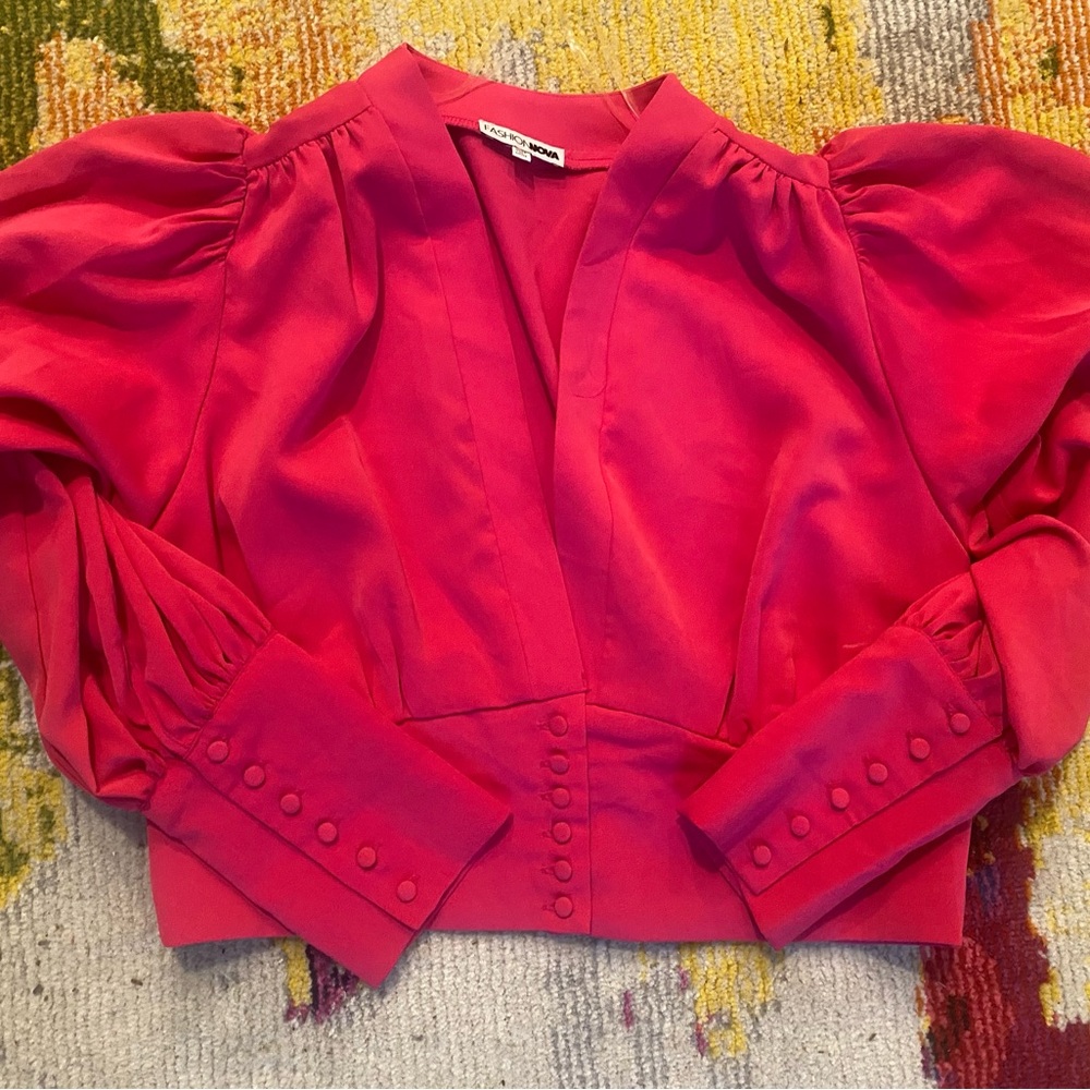 Vibrant Pink Plunge Balloon Sleeve Blouse